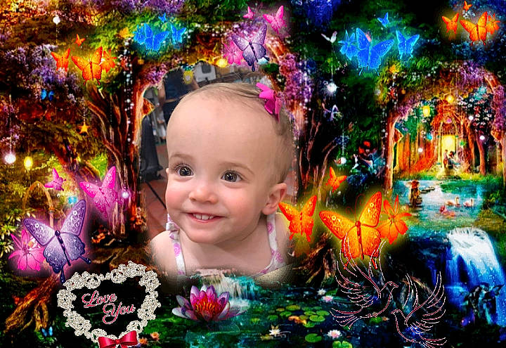 Emmaleigh is registered to the contest to win money with this photo: child, fictional_character, flower, fun, happy, joy, painting, person, photography, photomontage, plant, purple, sky, smile, spring, toddler, tree, wildflower