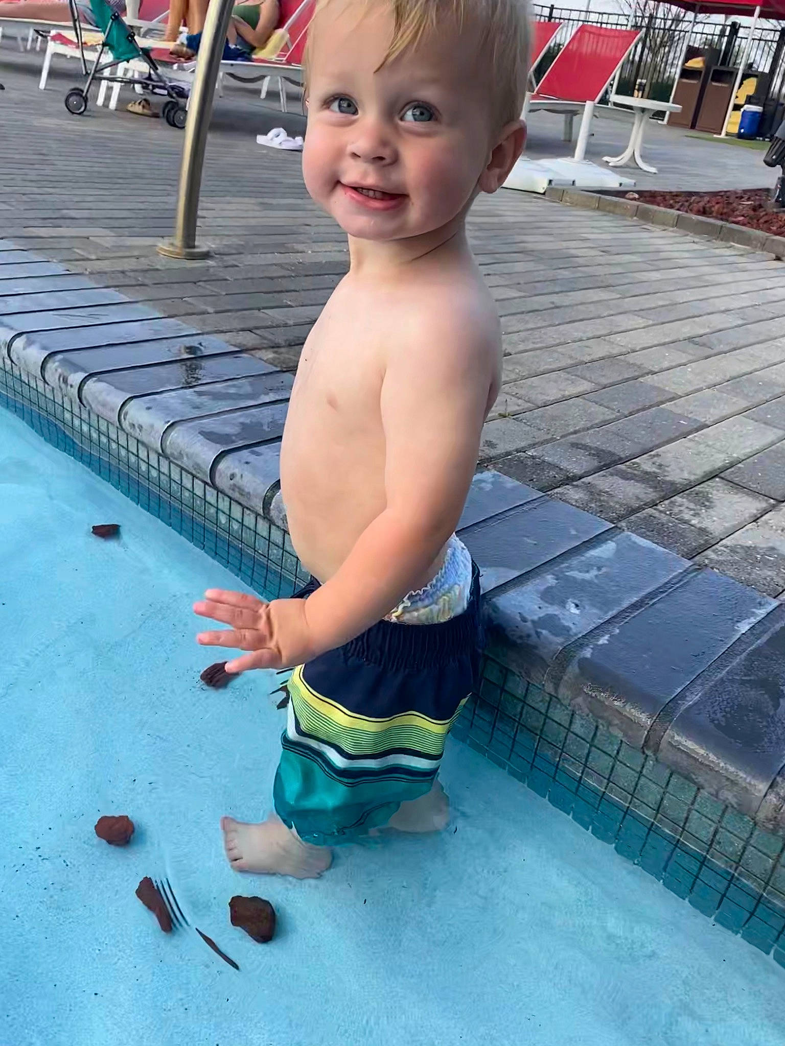 Branson is registered to the contest to win money with this photo: barechested, chest, child, electric_blue, face, fun, happy, joy, leisure, line, person, photograph, play, recreation, smile, snapshot, summer, swimming_pool, thigh, toddler