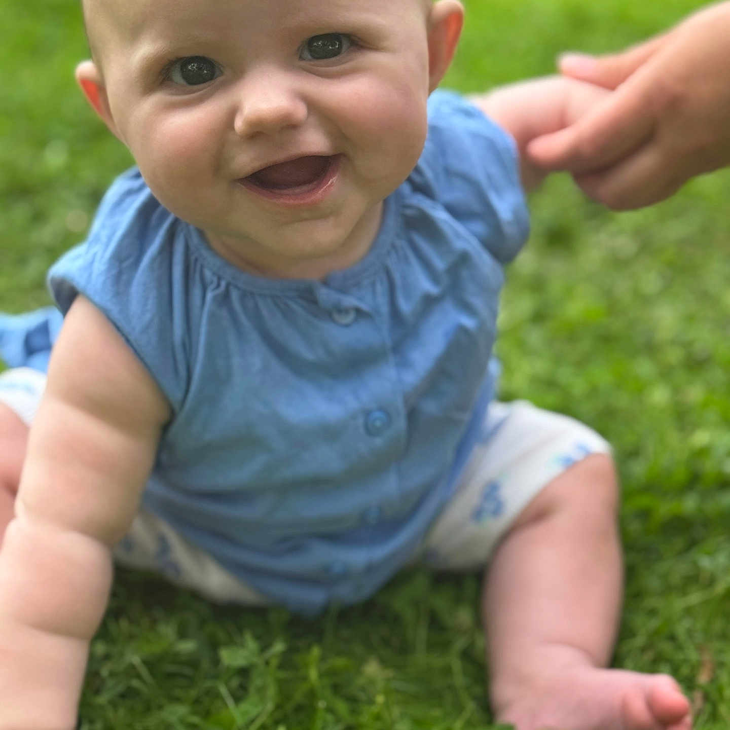 Lyanna participe au concours pour gagner de l'argent avec cette photo : baby, blue_shirt, child, cute, daylight, face, feet, grass, hand, happy, infant, legs, nature, outdoor, person, portrait, sitting, skin, smiling, young