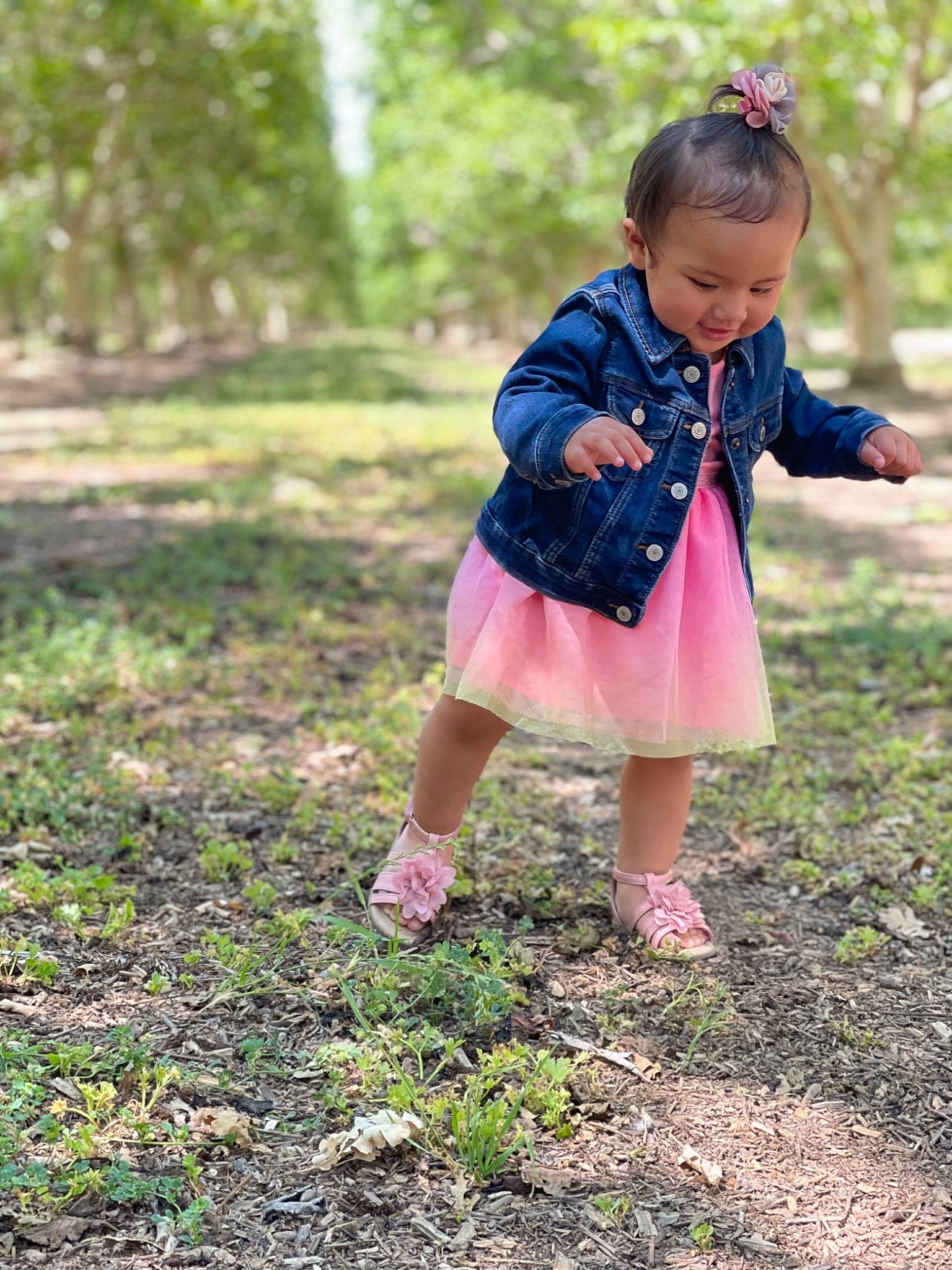Jade is registered to the contest to win money with this photo: baby, baby_toddler_clothing, dress, eye, forest, fun, grass, grass_family, grassland, happy, landscape, magenta, pattern, people_in_nature, person, plant, recreation, soil, toddler, tree