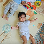Thinlay joined the competition — help win amazing prizes! baby, infant, child, play_mat, toys, clothing, lying_down, floor, smiling, cute, indoors, colorful, person, portrait, happy, relaxed, sibling, home, casual, playtime