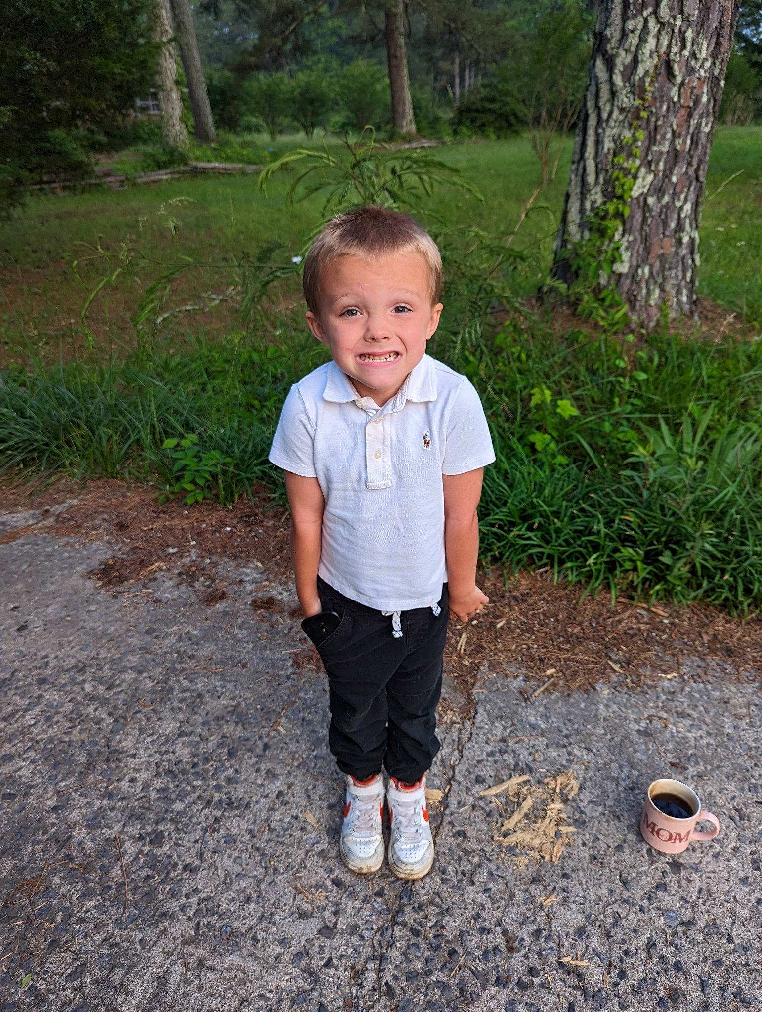 Memphis is registered to the contest to win money with this photo: asphalt, botany, eye, footwear, fun, gesture, grass, hand, human_body, joy, leaf, leg, leisure, people_in_nature, person, plant, shorts, sleeve, t_shirt, toddler