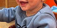 Jacob joined the competition — help win amazing prizes! baby, child, smiling, high_chair, blue_sweatshirt, indoor, wooden_furniture, face, happy, person, cute, young_child, casual_clothing, close_up, head, seat, light, expression, infant, cozy