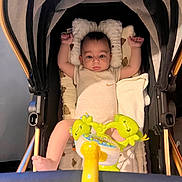 Hratch Shahinyan participe au concours pour gagner de l'argent avec cette photo : baby, stroller, toy, infant, cushion, pillow, child, arms_up, clothing, blanket, indoor, person, cute, plaything, soft_toys, resting, looking_up, newborn, comfort, nap_time