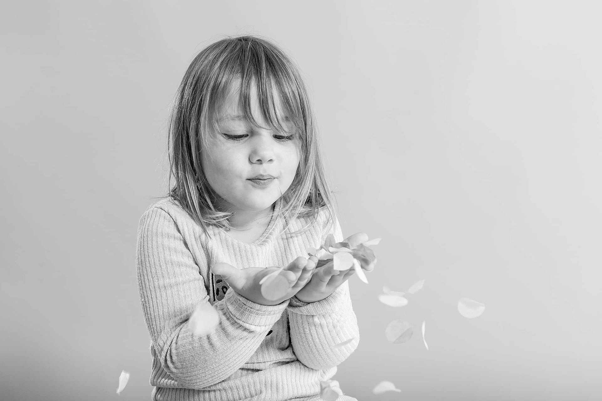 Elena participe au concours pour gagner de l'argent avec cette photo : child, girl, petals, hands, blowing, black_and_white, portrait, soft_hair, studio, innocence, cute, long_sleeve, sweater, falling_petals, expression, young, smiling, playful, minimalist, background