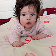 Reina joined the competition — help win amazing prizes! baby, child, infant, face, hair, bed, blanket, pink, curious, wide_eyes, lying_down, indoors, pajamas, cute, young, portrait, person, hands, expression, soft