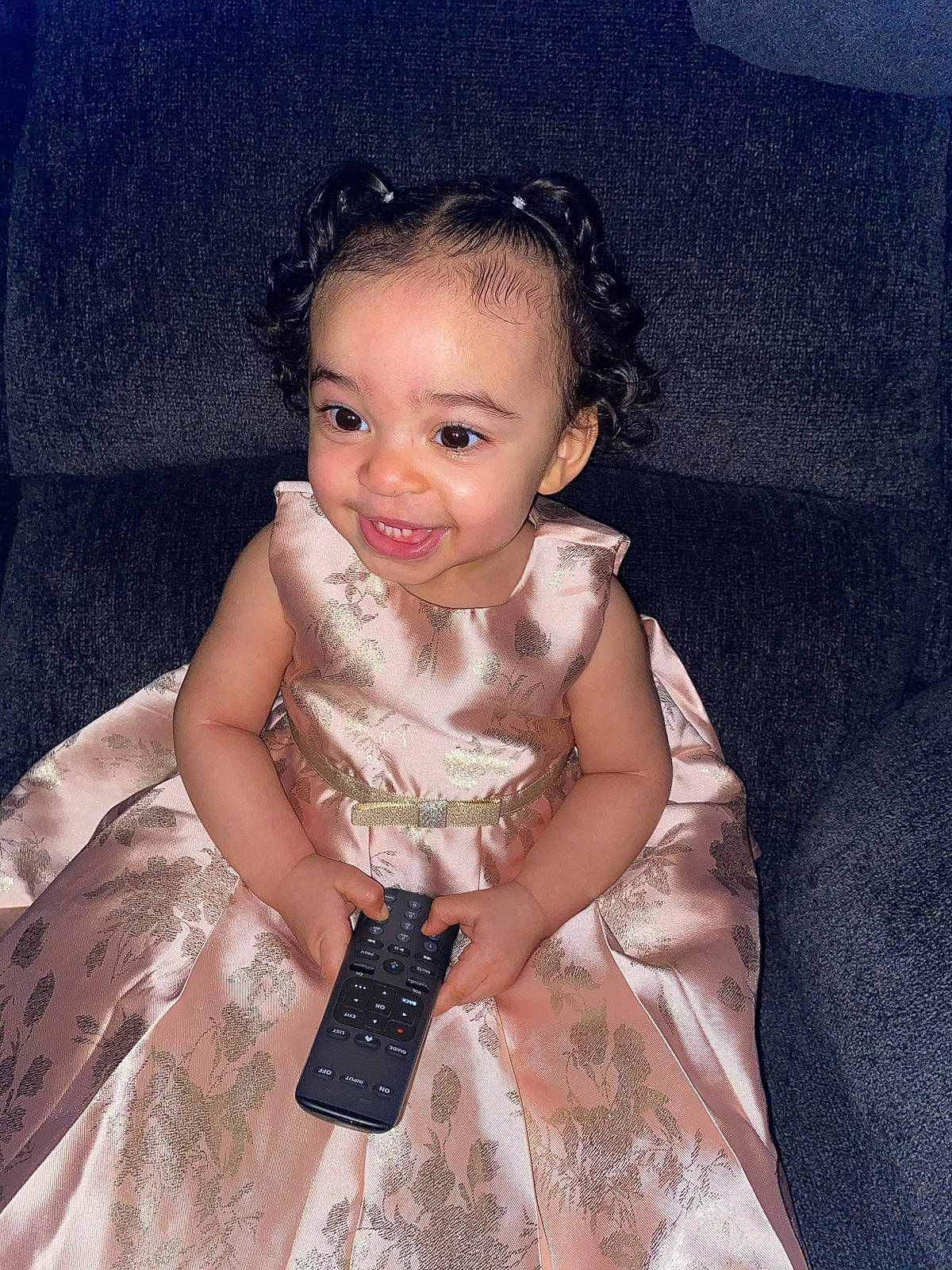 Lori is registered to the contest to win money with this photo: arm, baby_toddler_clothing, bridal_party_dress, day_dress, dress, embellishment, fashion_design, flash_photography, gown, hair, hand, happy, iris, one_piece_garment, person, pink, shoulder, skin, sleeve, smile