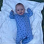 baby, blue_onesie, blanket, grass, smiling, infant, outdoors, footed_pajamas, happy, cute, child, lying_down, patterned_clothing, soft_blanket, nature, young_child, face, portrait, one_person, daylight