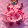baby, infant, pink_dress, strawberry_pattern, pacifier, blanket, heart, love, cute, lying_down, soft_texture, child, adorable, clothing, portrait, indoors, person, sleepwear, baby_girl, comfortable
