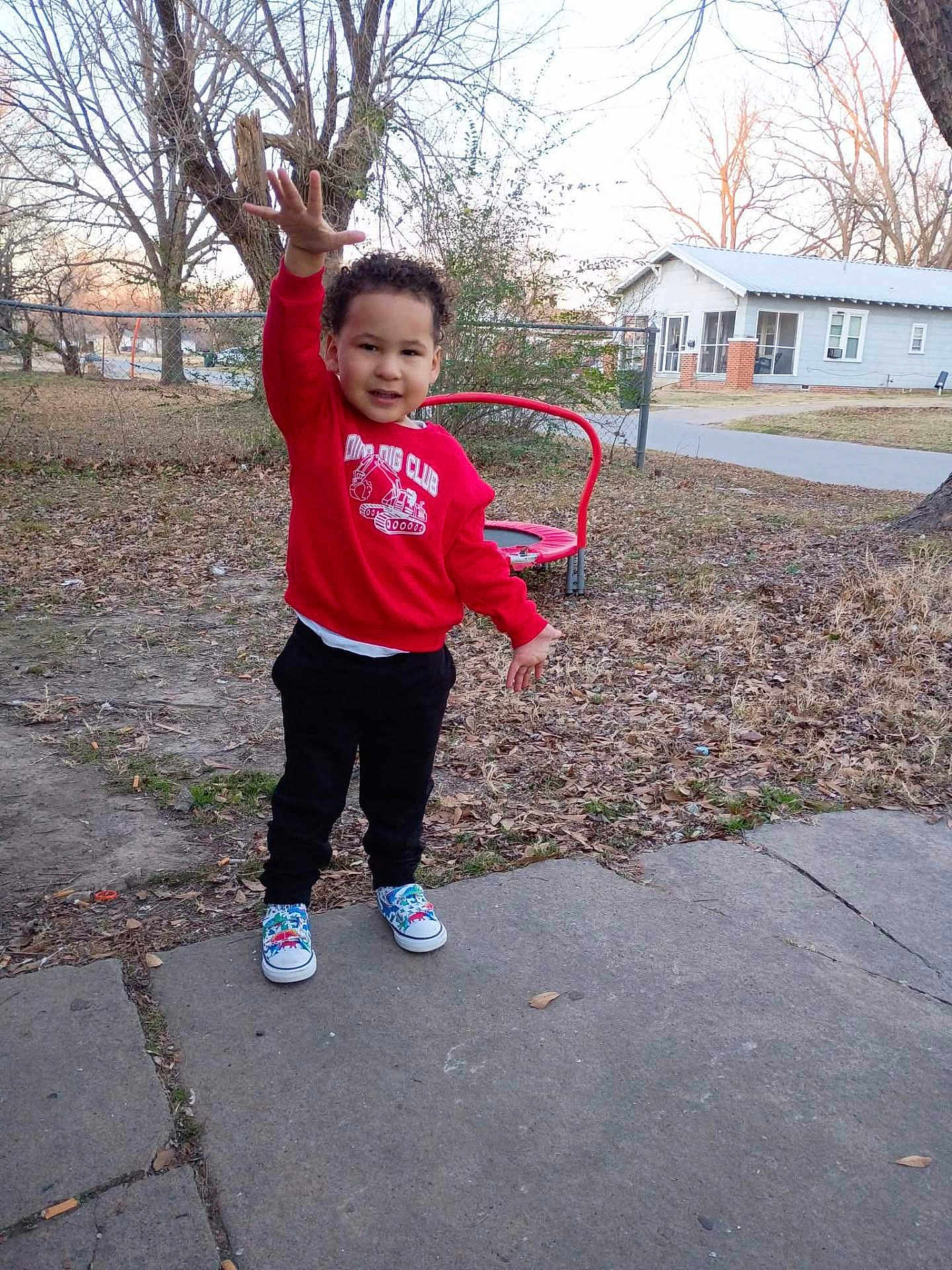 Kasai is registered to the contest to win money with this photo: child, toddler, curly_hair, red_sweatshirt, sneakers, raised_hand, smile, backyard, playground_equipment, house, sidewalk, pavement, leaf_litter, bare_trees, grass, fence, casual_clothing, portrait, daytime, person
