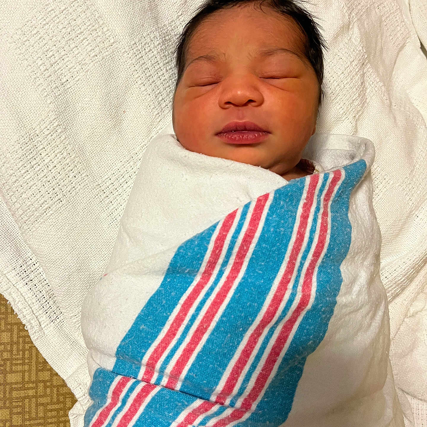 Nevaeh joined the competition — help win amazing prizes! architecture, baby, bed, blanket, building, clothing, cushion, face, furniture, glove, head, homedecor, hospital, newborn, person, photography, portrait, quilt, sleeping, towel