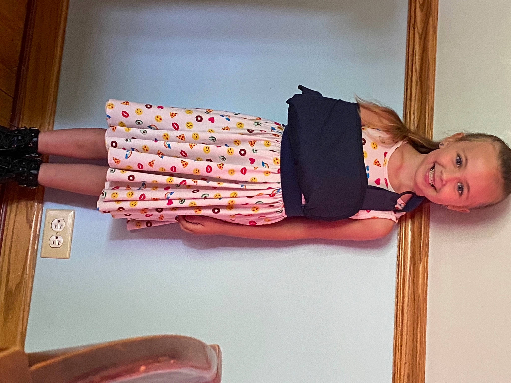 Graclyn is registered to the contest to win money with this photo: comfort, dress, floor, flooring, fun, hardwood, human_leg, joint, joy, knee, magenta, orange, person, pink, red, shoulder, standing, textile, thigh, waist