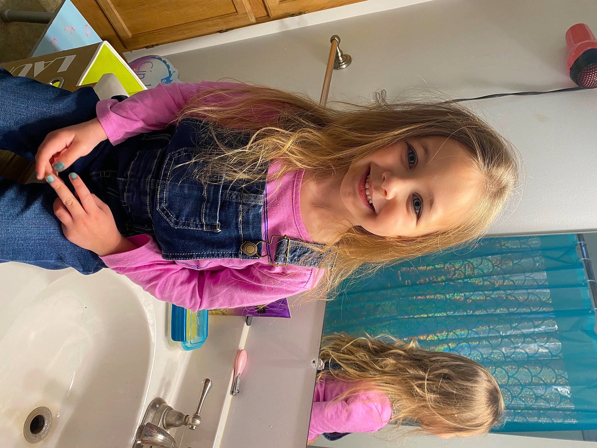 Graclyn joined the competition — help win amazing prizes! bathroom, child, eyelash, fun, hair_coloring, happy, joy, leisure, long_hair, magenta, mouth, person, photography, pink, purple, room, skin, smile, snapshot, toddler