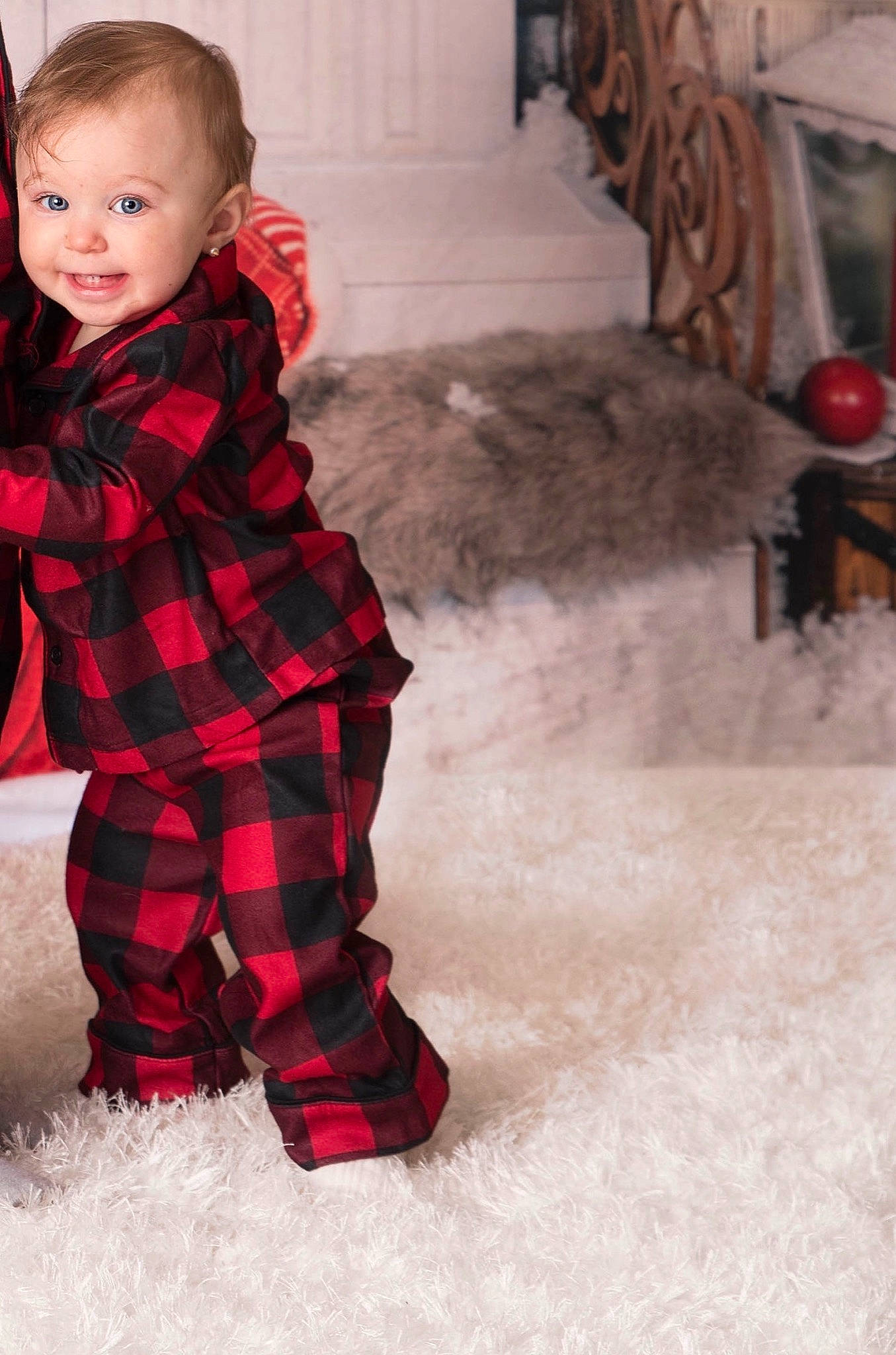 Chelsea joined the competition — help win amazing prizes! cheek, child, christmas, christmas_eve, design, joy, outerwear, pajamas, pattern, person, plaid, play, red, snow, standing, tartan, textile, toddler, winter