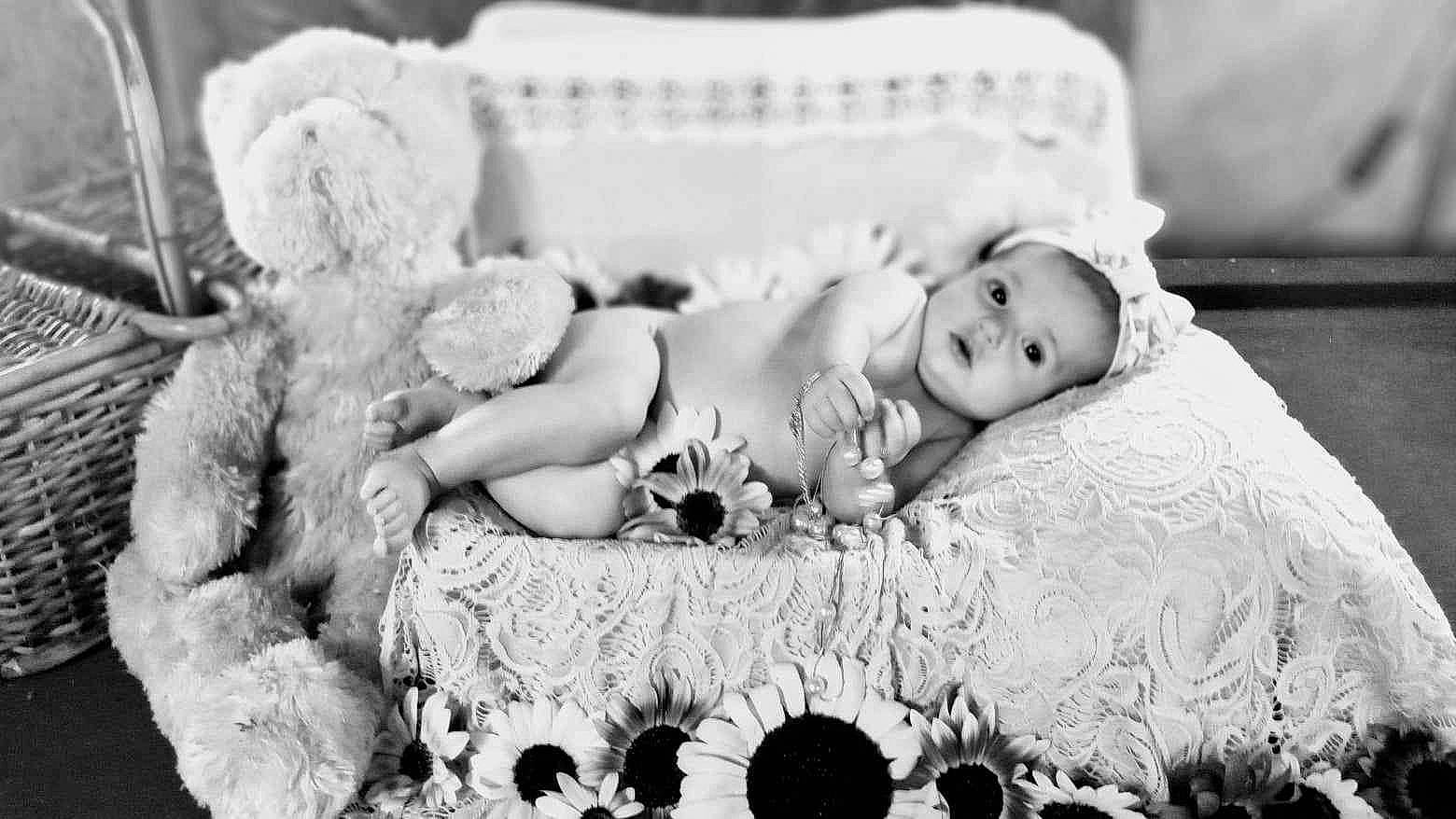 Elizabeth joined the competition — help win amazing prizes! baby, black, child, comfort, event, facial_expression, flash_photography, happy, headpiece, monochrome, monochrome_photography, person, photograph, room, sitting, stock_photography, style, teddy_bear, toddler, toy