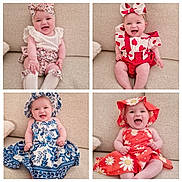 Elise a rejoint le concours — aidez-le/la à gagner de superbes lots ! baby, infant, smiling, laughing, sitting, patterned_clothing, headwear, hat, dress, couch, beige_background, cute, happy, child, four_panel, collage, indoors, portrait, colorful, playful