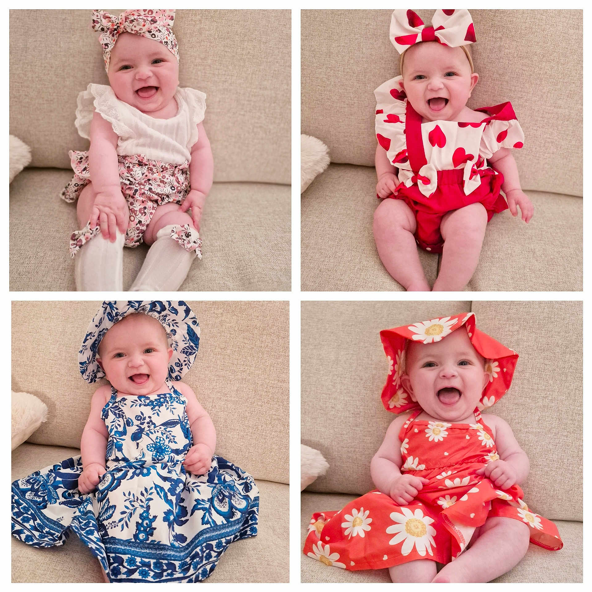 Elise a rejoint le concours — aidez-le/la à gagner de superbes lots ! baby, infant, smiling, laughing, sitting, patterned_clothing, headwear, hat, dress, couch, beige_background, cute, happy, child, four_panel, collage, indoors, portrait, colorful, playful