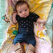 Brooklynn is registered to the contest to win money with this photo: baby, infant, blanket, clothing, denim, boots, polka_dot, fringe, pacifier, pattern, cute, child, portrait, laying_down, indoor, fabric, colorful, soft, small, person