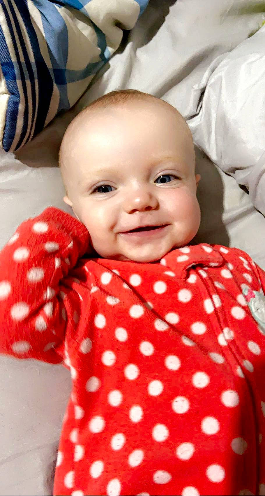 Kayla joined the competition — help win amazing prizes! baby, baby_products, baby_toddler_clothing, beauty, cheek, child, collar, comfort, facial_expression, happy, joy, linens, nose, pattern, person, pink, skin, sleeve, smile, textile