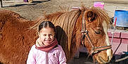 Mia participe au concours pour gagner de l'argent avec cette photo : child, pony, animal, outdoor, farm, sunny, jacket, gloves, boots, person, fence, dirt_ground, sky, tree, scarf, horse_tack, smiling, winter_clothing, rural, daylight