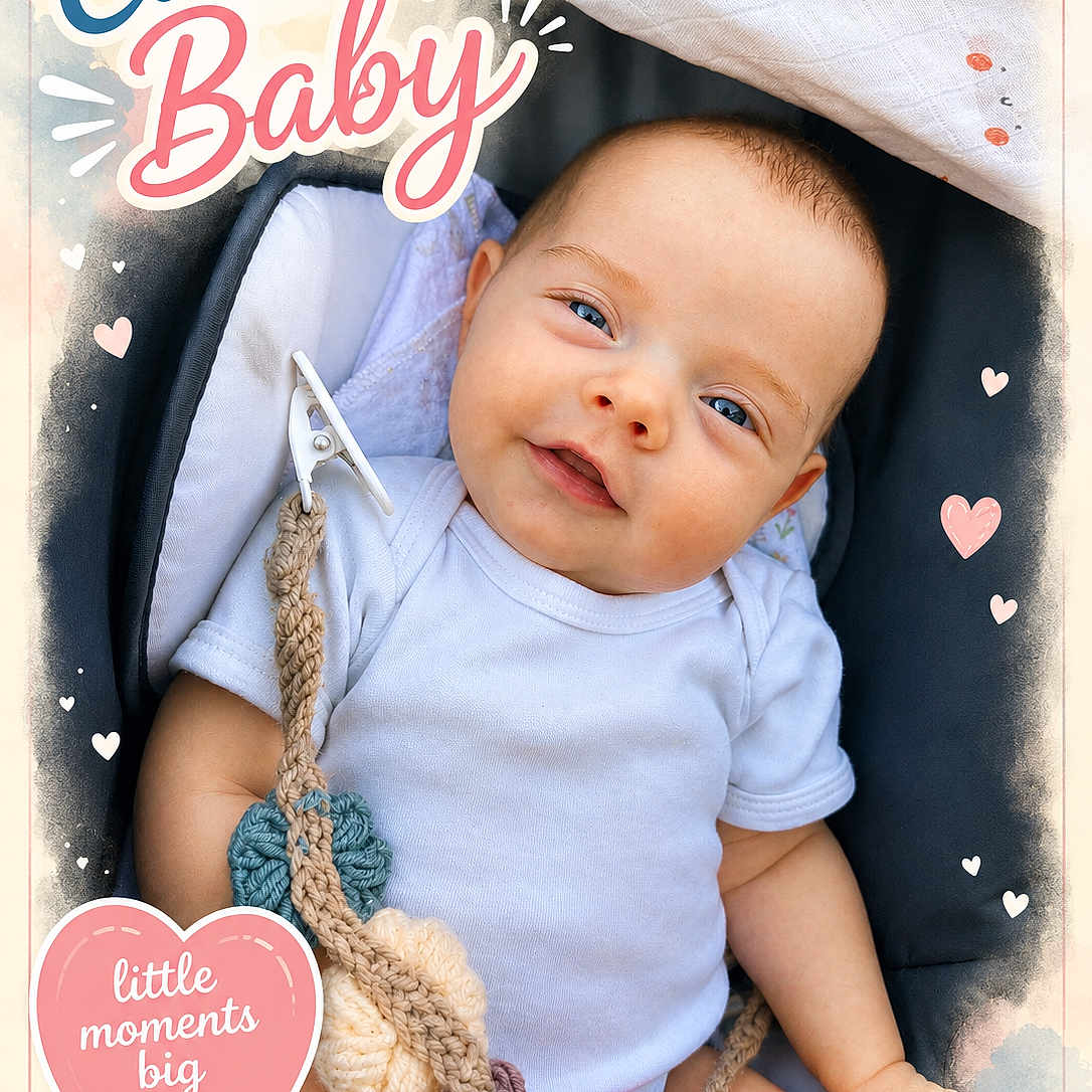 Charika is registered to the contest to win money with this photo: baby, infant, blue_eyes, onesie, knitted_toy, carrier, heart_shape, smiling, cute, pastel_colors, vignette, child, soft_light, portrait, happy, young_child, indoors, closeup, baby_clothing, playful