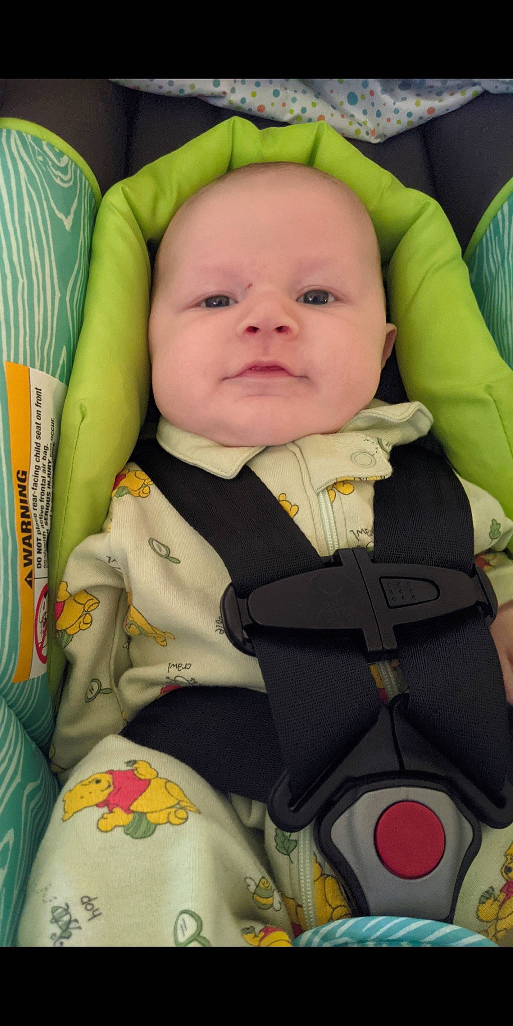Bo is registered to the contest to win money with this photo: baby, baby_carriage, baby_in_car_seat, baby_products, baby_safety, baby_toddler_clothing, car_seat, cheek, child, collar, comfort, eye, outerwear, person, product, seat_belt, sitting, skin, sleeve, smile