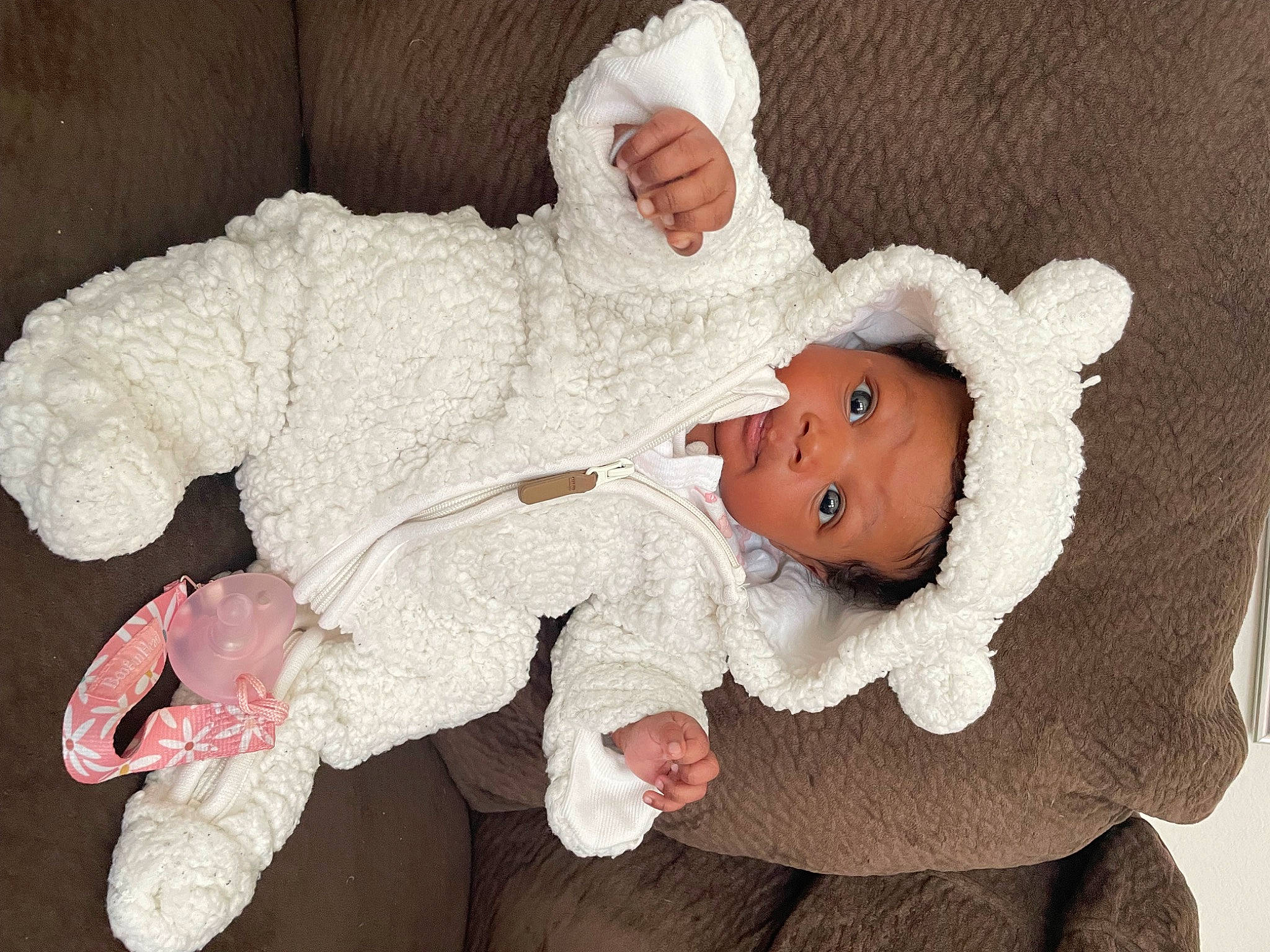 Harlem joined the competition — help win amazing prizes! baby, baby_products, baby_sleeping, baby_toddler_clothing, cheek, child, comfort, costume_hat, fur, hat, head, human_body, lap, person, room, sitting, sleeve, stuffed_toy, toddler, wool