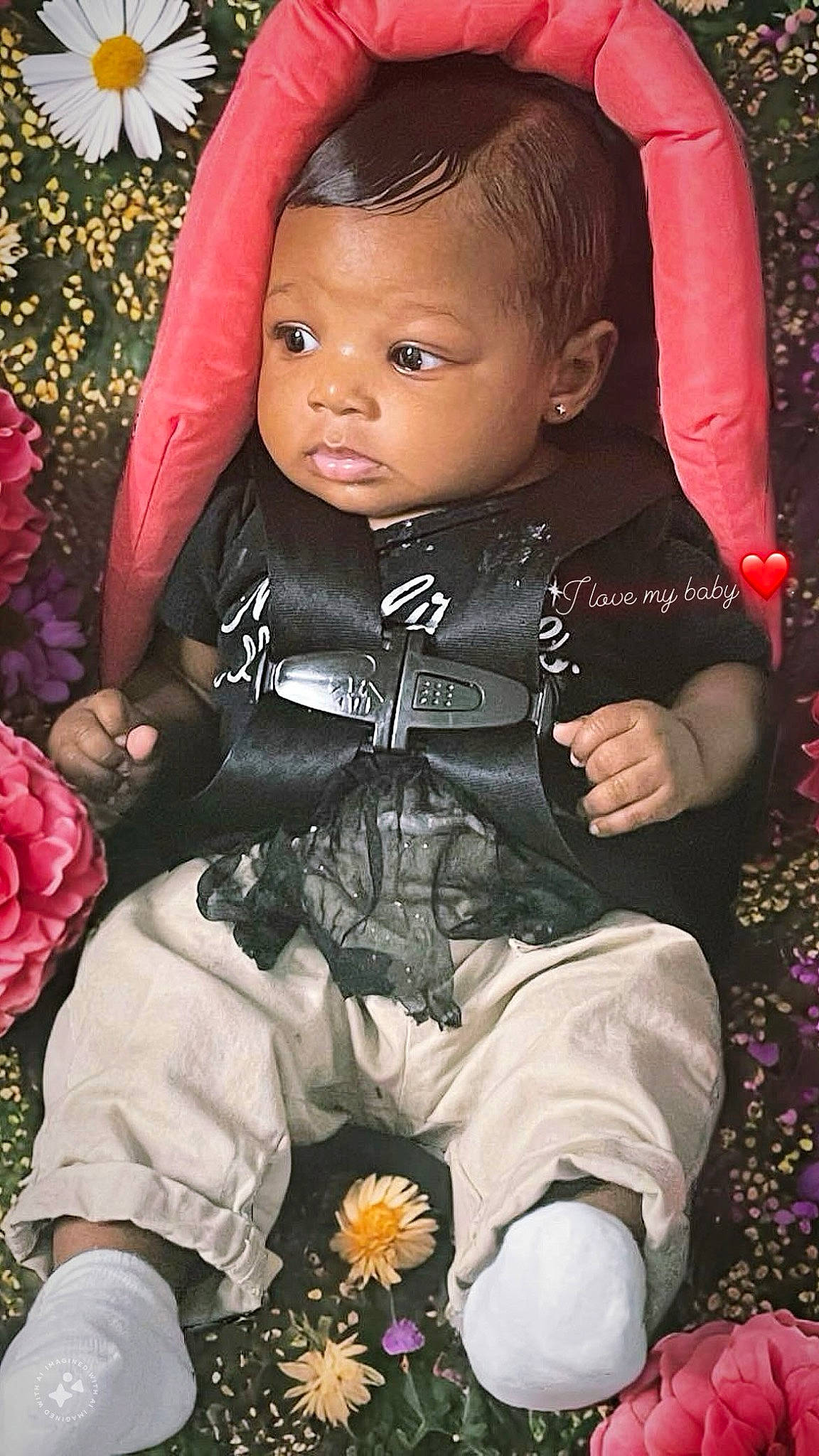 Harlem is registered to the contest to win money with this photo: baby, baby_toddler_clothing, cheek, child, eyelash, fashion_accessory, flash_photography, flower, grass, happy, magenta, pattern, person, pink, plant, rose, rose_order, sitting, skin, sleeve