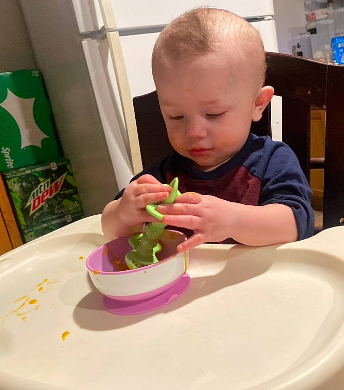 Scotty joined the competition — help win amazing prizes! baby, chair, child, comfort_food, dishware, drinkware, eating, fun, kitchen_utensil, meal, person, plate, play, room, serveware, sharing, spoon, sweetness, table, tableware