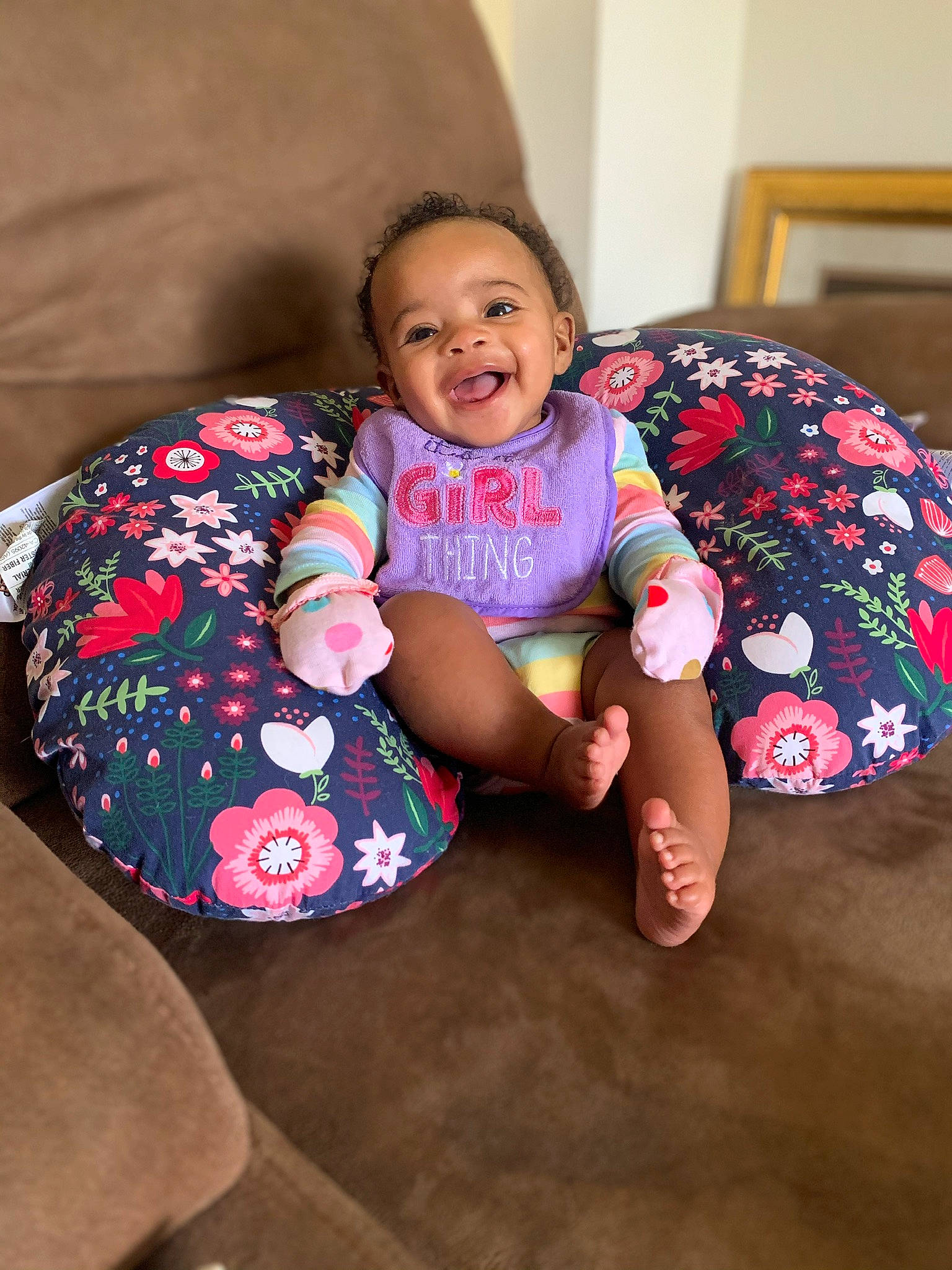 Makenna joined the competition — help win amazing prizes! baby, bean_bag, child, floor, flooring, furniture, person, pink, play, sitting, smile, textile, toddler