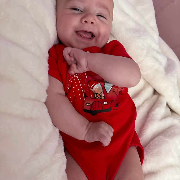 Dusty joined the competition — help win amazing prizes! baby, bed, blanket, bodypart, cushion, face, finger, furniture, hand, happy, head, homedecor, indoors, laughing, mouth, newborn, person, photography, portrait, smile