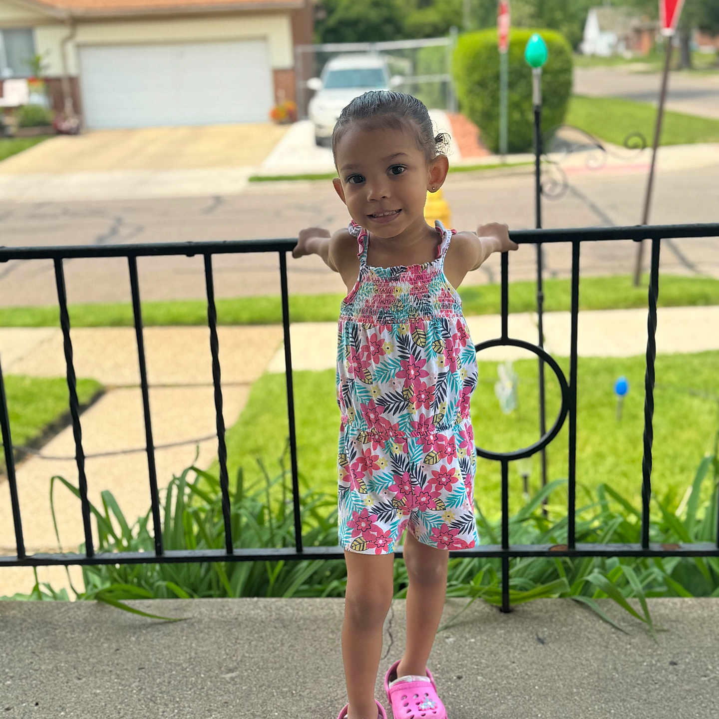 Legacy joined the competition — help win amazing prizes! casual, child, daylight, earrings, floral_clothing, girl, grass, happy, house, outdoor, person, pink_shoes, porch, railing, sidewalk, smiling, standing, street, suburban, summer