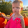 child, toddler, pink_dress, flower, pumpkin, outdoor, sunlight, nature, greenery, grass, trees, blue_sky, shoes, curious, face, person, autumn, fall, daylight, portrait