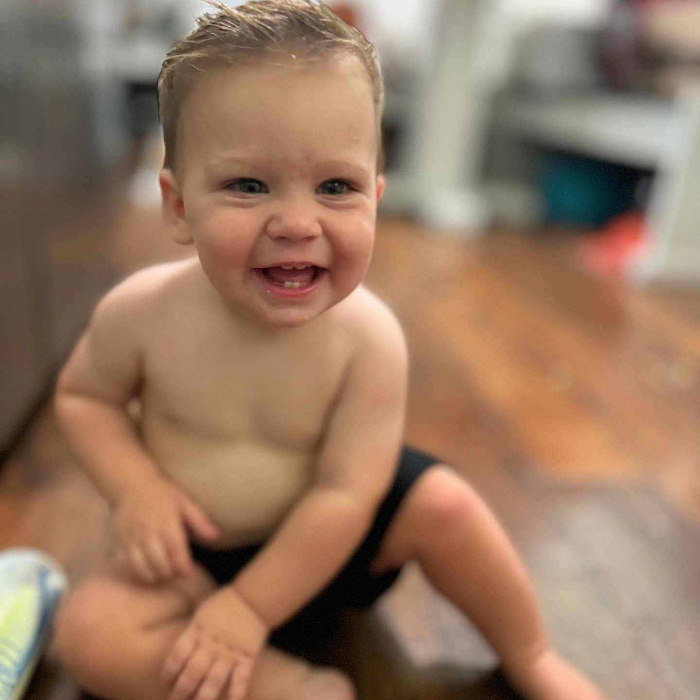 Calvin joined the competition — help win amazing prizes! baby, babylaughing, bodypart, face, finger, hand, happy, hardwood, head, laughing, newborn, person, photography, portrait, sitting, smile, wood