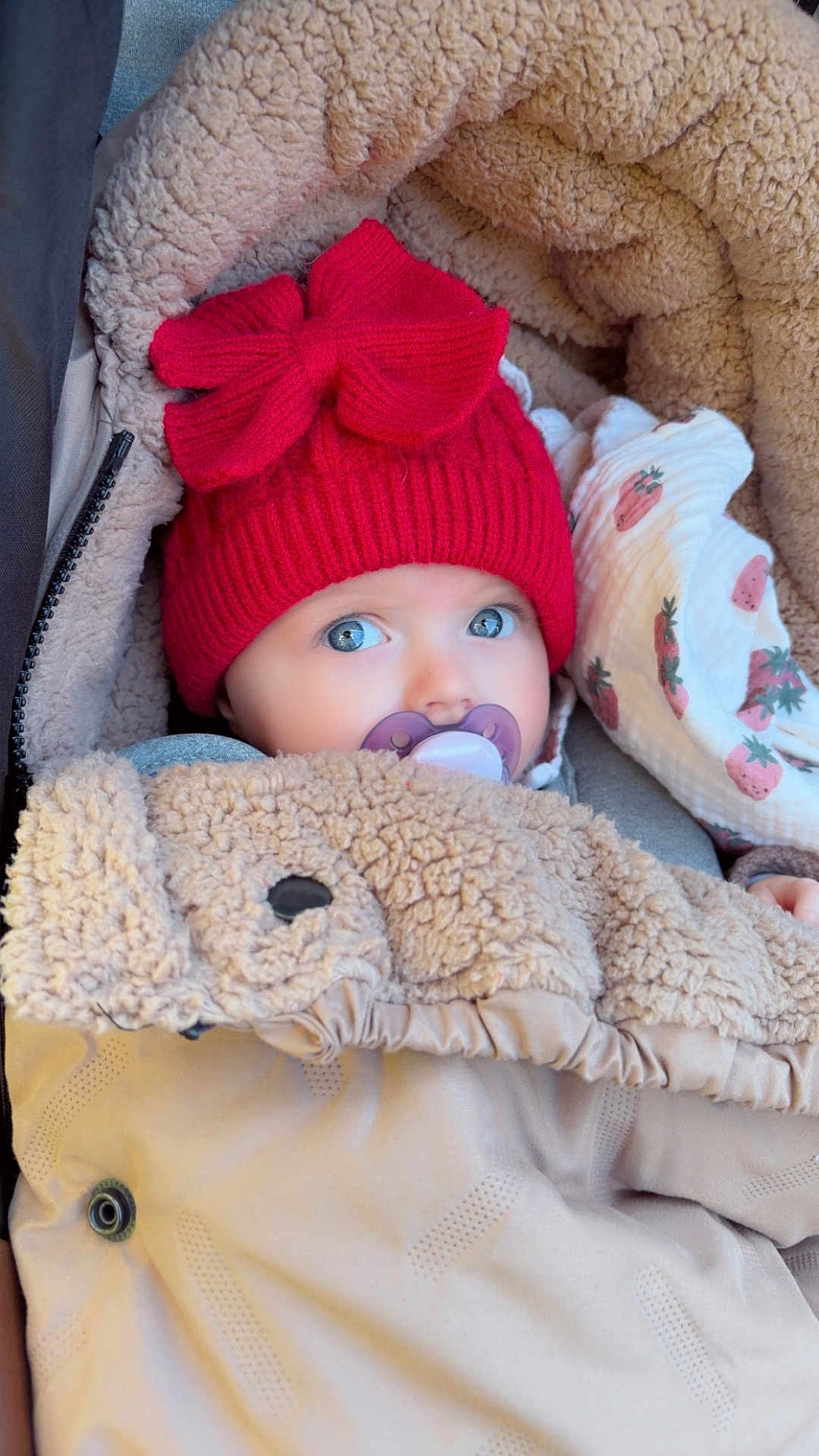 Elya participe au concours pour gagner de l'argent avec cette photo : baby, pacifier, red_hat, blanket, fleece, stroller, infant, cozy, cute, warm_clothing, blue_eyes, child, portrait, wrapped, winter_wear, headwear, closeup, sitting, soft_texture, outdoor
