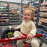 toddler, child, shopping_cart, grocery_store, bread, shelf, smile, curly_hair, clothing, indoor, aisle, person, retail, food, packaged_food, happy, casual, red, beige, store