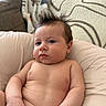 Cosmo is registered to the contest to win money with this photo: baby, infant, child, skin, hair, couch, blanket, soft, cushion, indoors, portrait, expression, relaxed, cute, chubby, person, seated, comfortable, home, young