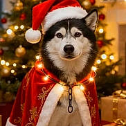 Scouty a rejoint le concours — aidez-le/la à gagner de superbes lots ! dog, husky, christmas, holiday, santa_hat, cape, lights, decorations, tree, presents, festive, indoors, pet, animal, portrait, winter, celebration, cute, christmas_tree, holiday_decor