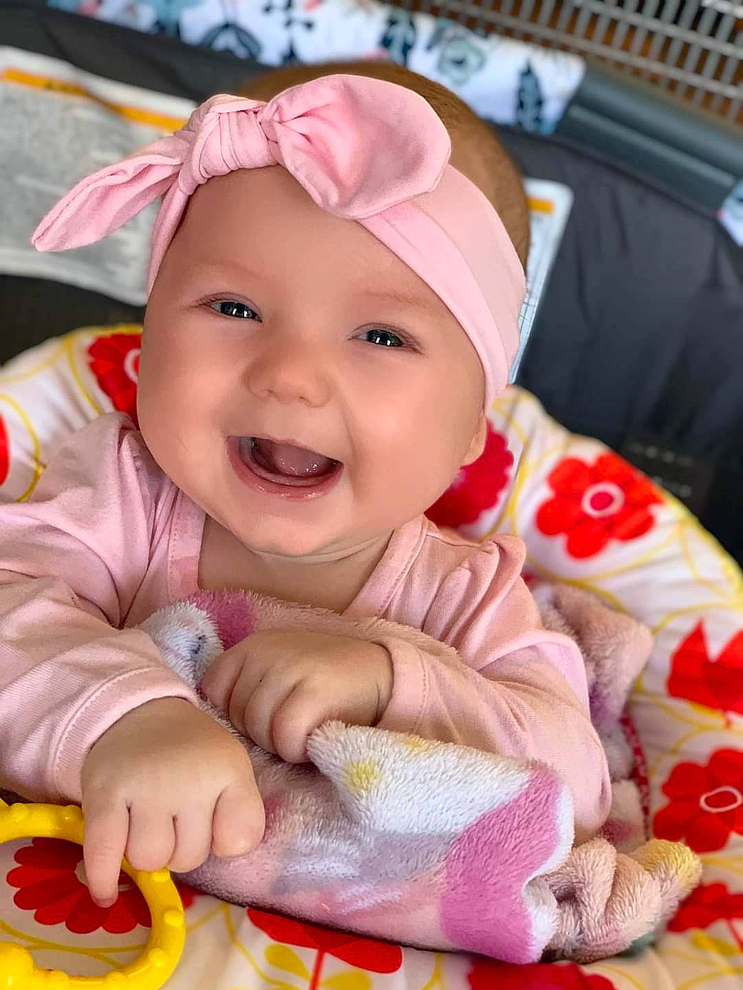 Madelynn joined the competition — help win amazing prizes! baby, baby_playing_with_toys, baby_toddler_clothing, cap, cheek, eye, face, fun, happy, head, headgear, headwear, human, joy, lip, mouth, nose, person, pink, skin