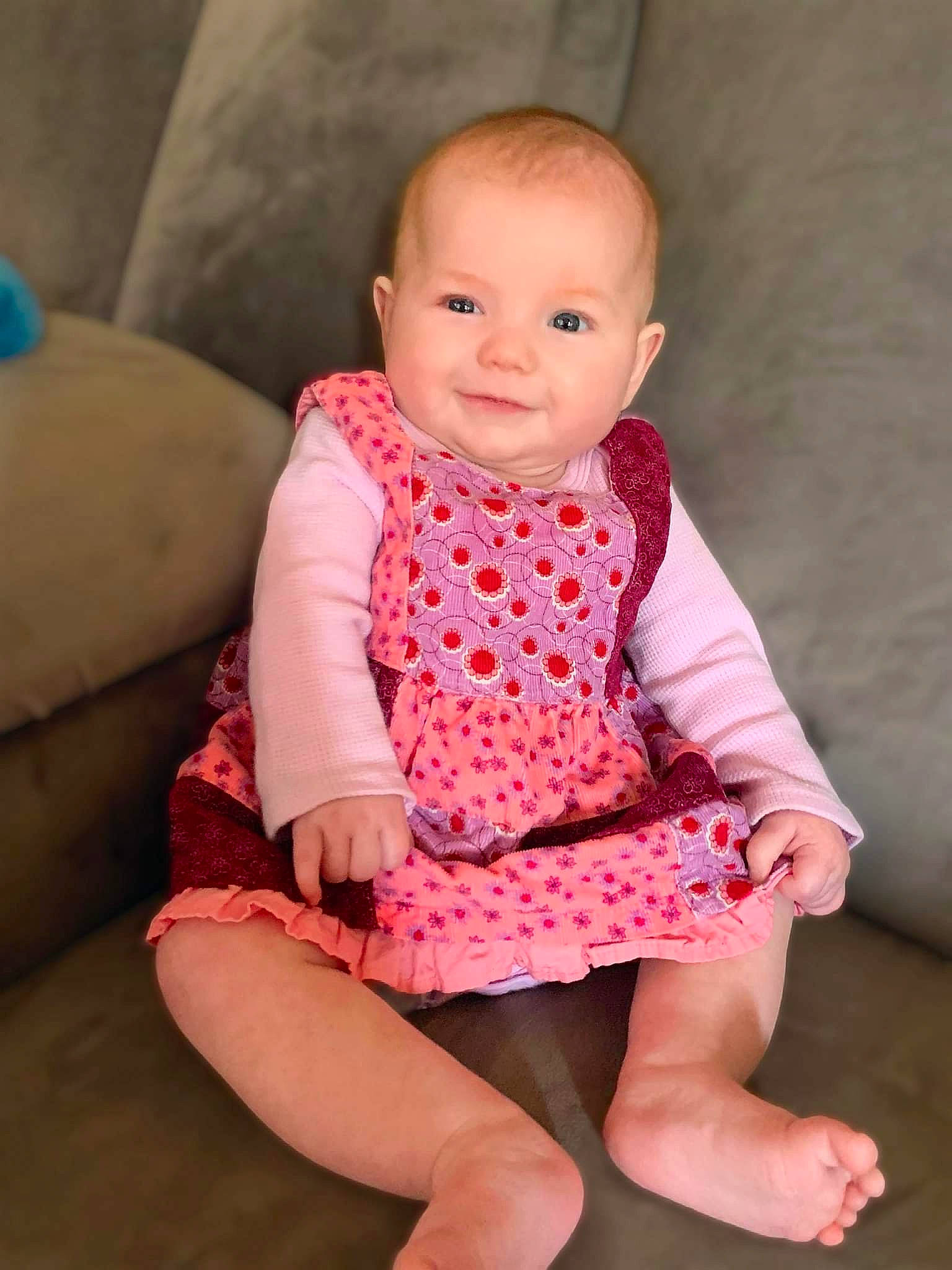 Madelynn joined the competition — help win amazing prizes! baby, baby_toddler_clothing, cheek, collar, comfort, dress, eye, finger, iris, joy, lip, neck, outerwear, pattern, person, pink, skin, sleeve, smile, textile