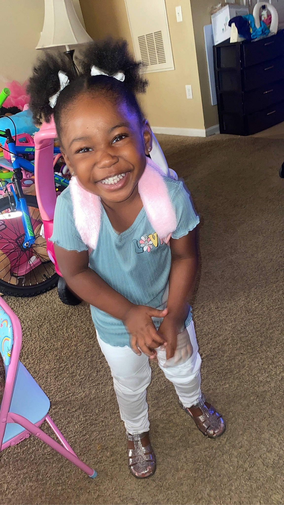 Ariyana joined the competition — help win amazing prizes! cabinetry, chest_of_drawers, child, cupboard, drawer, electric_blue, event, fun, hairstyle, happy, joy, knee, leisure, person, pink, sandal, shoe, smile, sneakers, sock