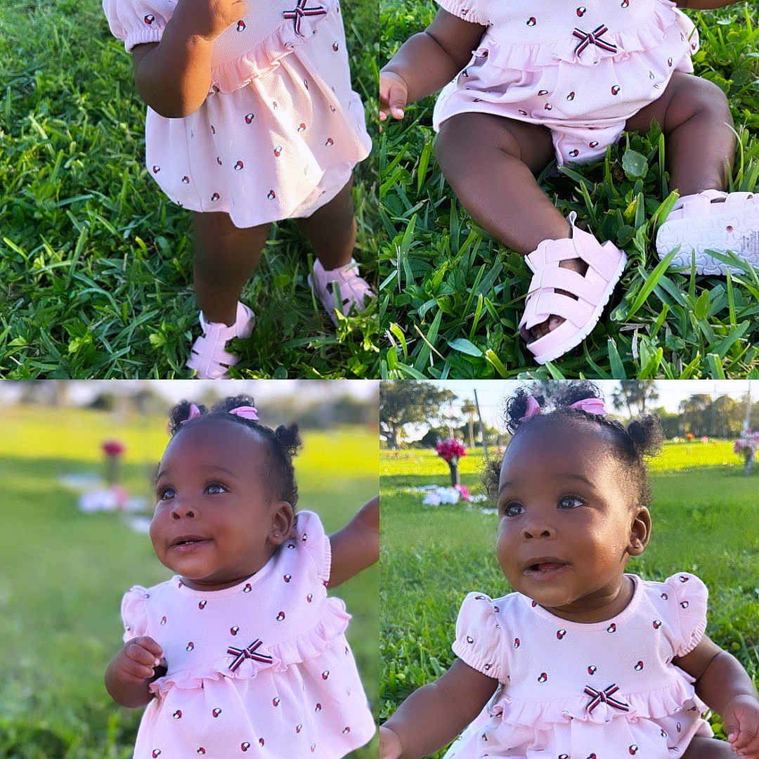 Azaria joined the competition — help win amazing prizes! baby, child, pink_dress, sandals, grass, outdoor, cute, smiling, toddler, adorable, curly_hair, sunlight, portrait, greenery, nature, playful, happy, infant, person, summer