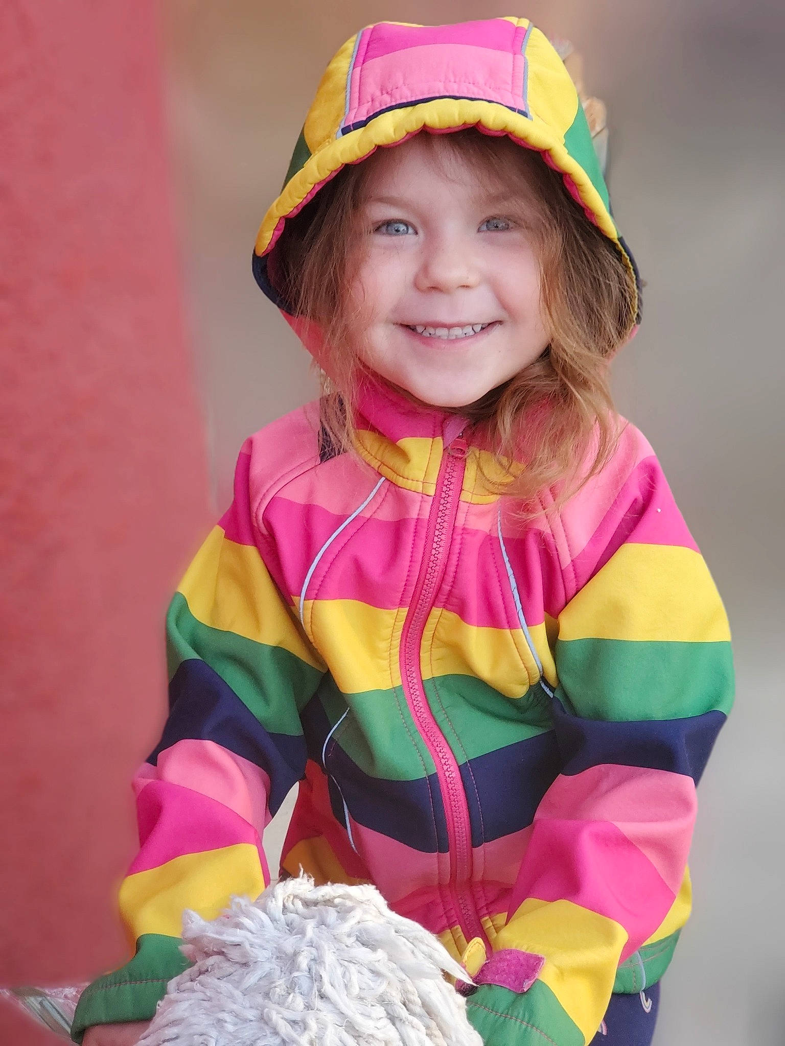 Abigal is registered to the contest to win money with this photo: child, costume, fun, headwear, joy, outerwear, person, personal_protective_equipment, pink, play, smile, toddler
