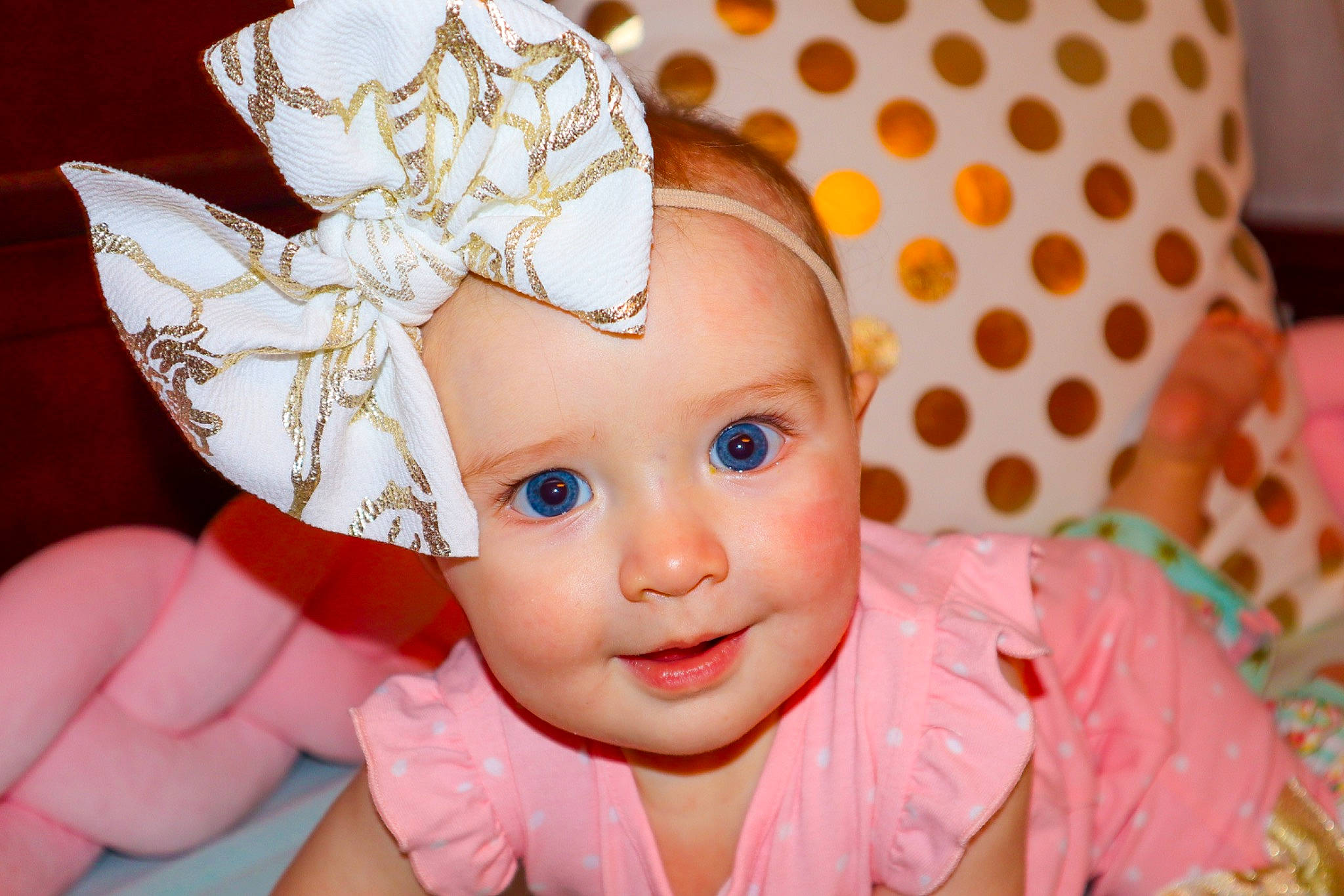 Kaley joined the competition — help win amazing prizes! baby, cheek, child, face, fashion_accessory, hair_accessory, head, headband, headgear, headpiece, headwear, joy, person, pink, smile, toddler