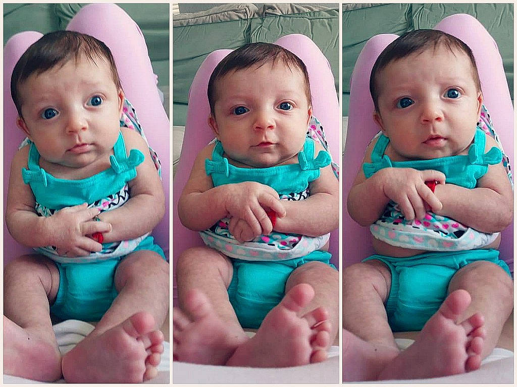 Gianna Willow is registered to the contest to win money with this photo: baby, baby_toddler_clothing, cheek, child, eye, face, finger, fun, hand, head, lip, mouth, neck, nose, person, product, skin, smile, toddler, turquoise