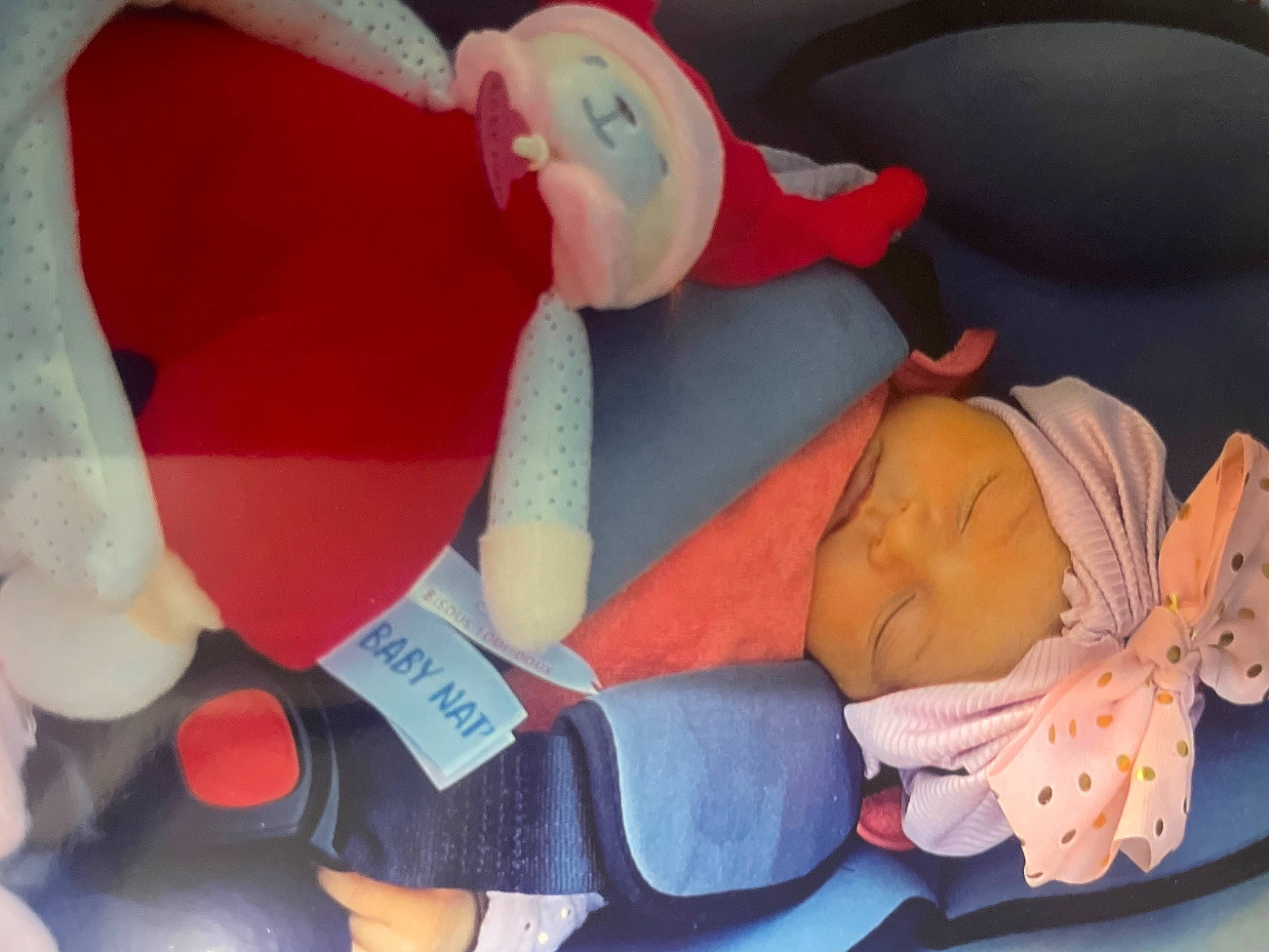 Alia participe au concours pour gagner de l'argent avec cette photo : baby, baby_products, baby_sleeping, baby_toddler_clothing, bedtime, carmine, child, comfort, hat, headwear, linens, nap, person, petal, pink, plush, room, stuffed_toy, teddy_bear, textile