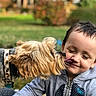 animal, blurred_background, boy, child, collar, dog, face, garden, grass, gray_hoodie, happy, kiss, licking, long_hair, outdoor, park, pet, portrait, smile, terrier