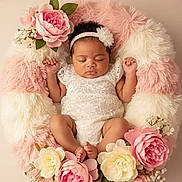 Akira is registered to the contest to win money with this photo: baby, infant, sleeping, flower, headband, lace, soft_texture, pink, white, cushion, floral_arrangement, portrait, peaceful, cute, newborn, resting, toddler, child, decor, soft_lighting