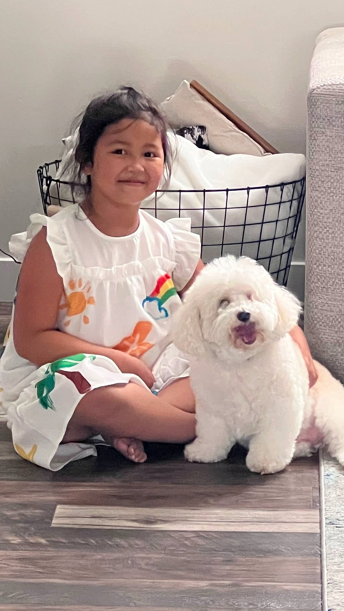 Noella joined the competition — help win amazing prizes! canidae, carnivore, comfort, companion_dog, couch, dog, dog_breed, fur, happy, joy, knee, maltepoo, non_sporting_group, person, pillow, sitting, sleeve, smile, sporting_group, t_shirt