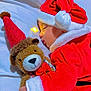Esraa a rejoint le concours — aidez-le/la à gagner de superbes lots ! baby, bed, blanket, child, christmas, cozy, cute, face, hand, holiday, indoors, infant, pajamas, plush_toy, red_clothing, resting, santa_hat, sleeping, soft_toy, teddy_bear